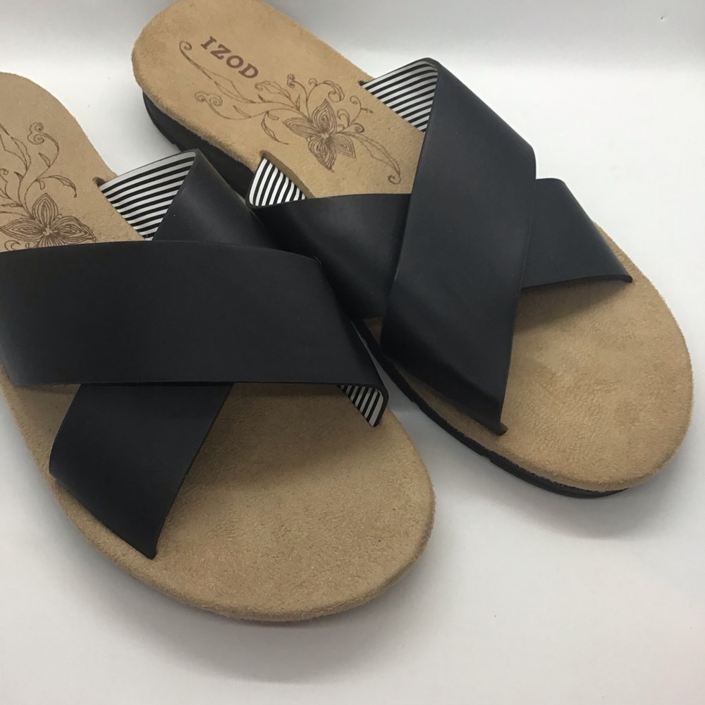 NWOT Izod Black Alyssa Slide Sandals Slip On Cross Strap Sz 8.5 - Picture 2 of 7